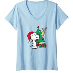 Womens Peanuts - Christmas Snoopy Happy Holidays V-Neck T-Shirt Sz M